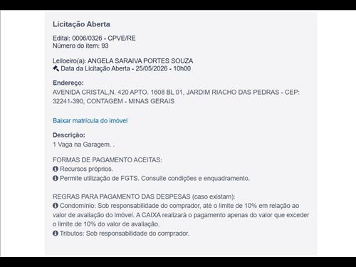 AVENIDA CRISTAL N. 420 Apto. 1608, BL 01, JARDIM RIACHO DAS PEDRAS - CONTAGEM/ MG