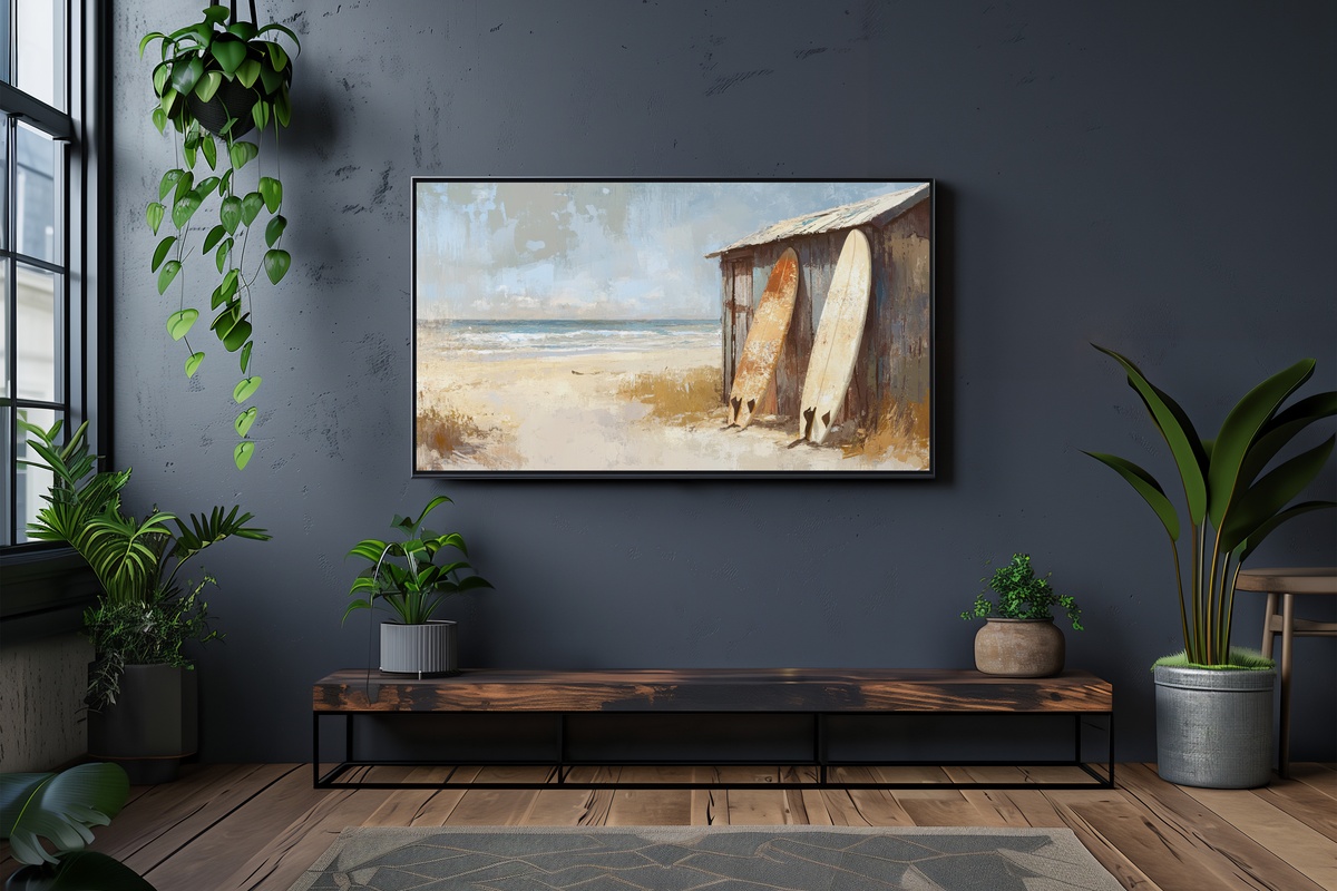 Surf Hut Harmony coastal Frame TV art with beach hut and surfboards in impressionist style