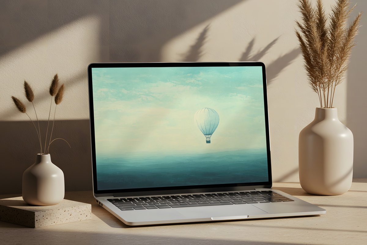 Serene Balloon Ascent Desktop Wallpaper - hot air balloon floating in minimal open sky