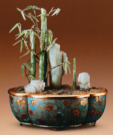Jade Miniature Landscape. Qing dynasty. Jadeite and nephrite stones carved as bamboo and rocks, set in a cloisonns bowl. The Palace Museum, Beijing.