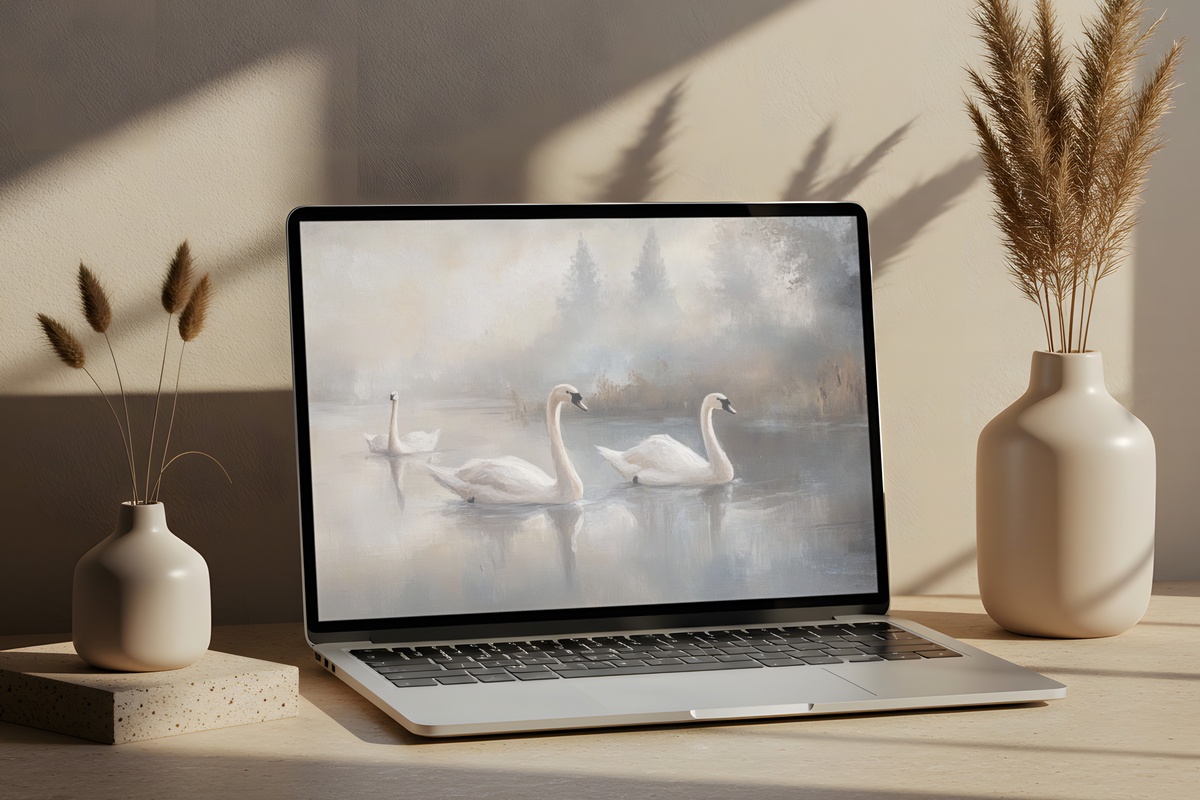 Ethereal Swans by Misty Lake Vintage Laptop Wallpaper