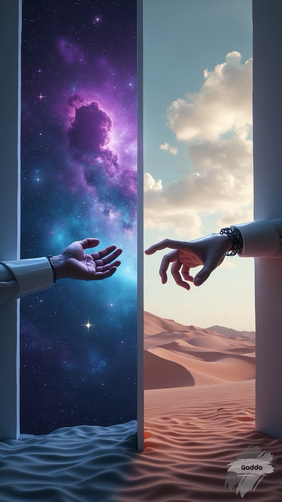 The image features two human hands reaching out toward each other from distinct backgrounds separated by geometric openings. On the left, a hand emerges from a space-themed backdrop filled with deep purples and blues, accented by stars and nebula-like formations, conveying a sense of infinity and exploration. On the right, the other hand reaches out from a contrasting landscape with warm pastel hues, depicting sandy dunes under a soft, cloudy sky. The hands are humanoid but appear artificial, with smooth, featureless skin and wrist bands, suggesting a blend of humanity and technology. The overall scene is dimly lit, enhancing the visual impact of the vibrant backgrounds. The emotional tone hints at connection or longing, as the hands, though apart, seem poised to bridge the gap between two different worlds. The stark contrast of the two sides symbolizes the duality of existence.