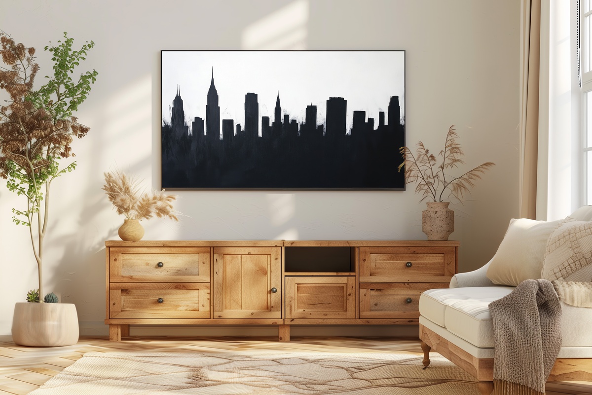 Dramatic Urban Silhouette Black and White Frame TV Art