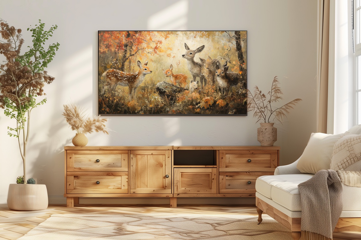 Deer Forest Family in Harmony Frame TV Art - autumn deer family among fall foliage