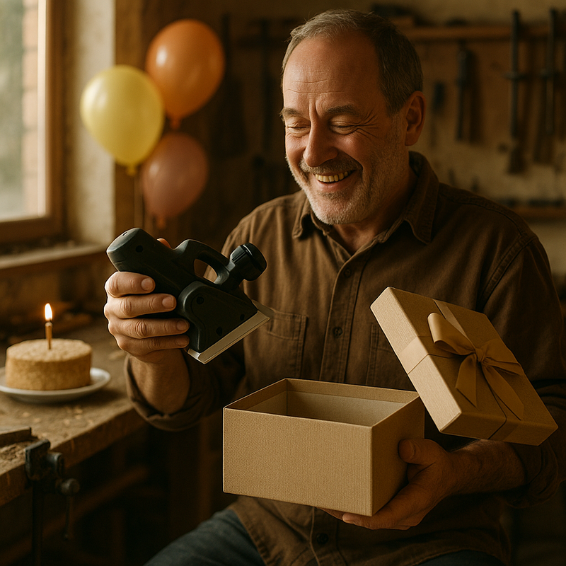 Uomo che apre un regalo con utensile per lavorare il legno in laboratorio durante un compleanno Uomo che apre un regalo con utensile per lavorare il legno in laboratorio durante un compleanno