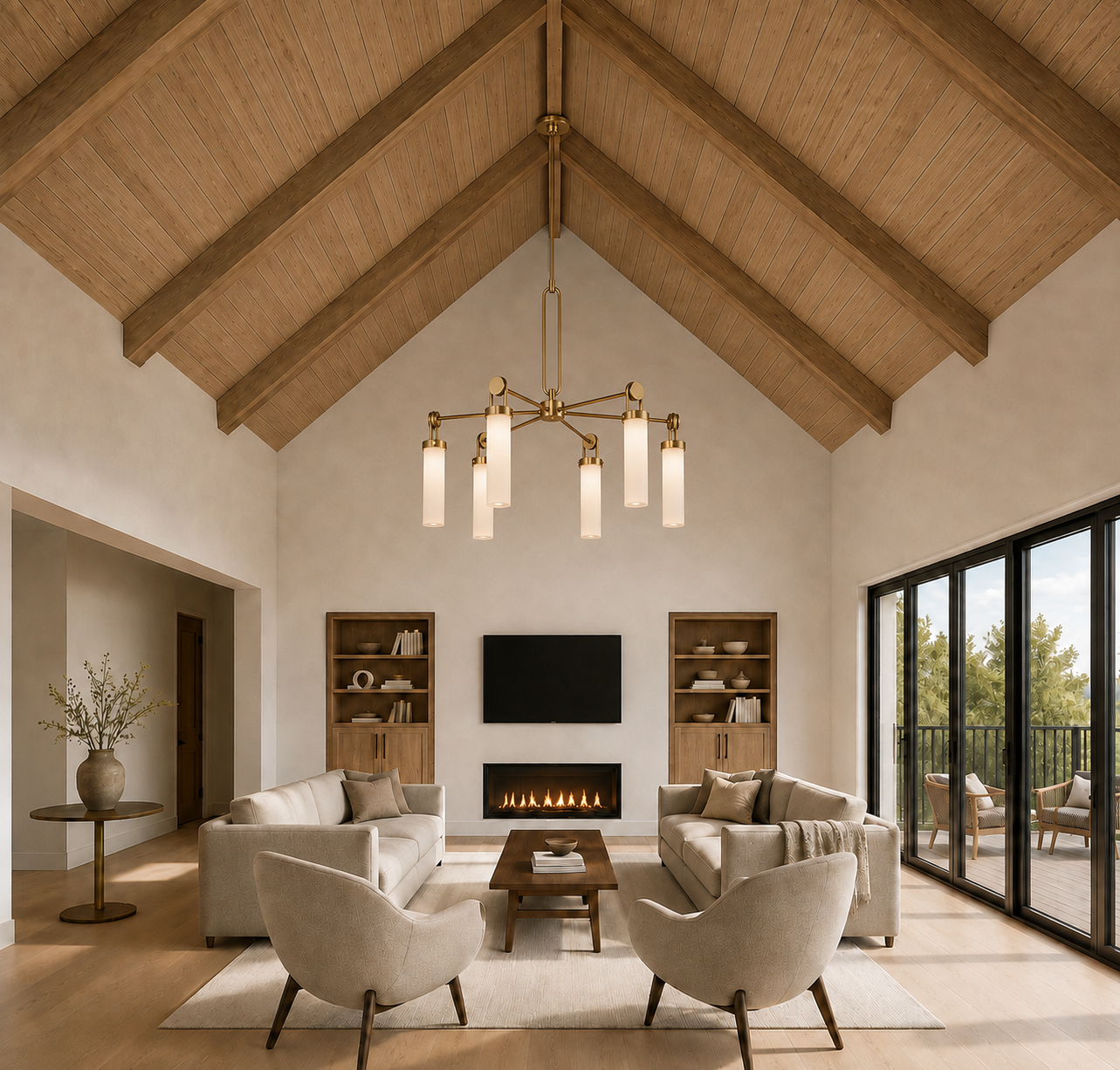 Great room with a vaulted wood ceiling, a linear fireplace, wood shelves, and black-framed doors to a porch