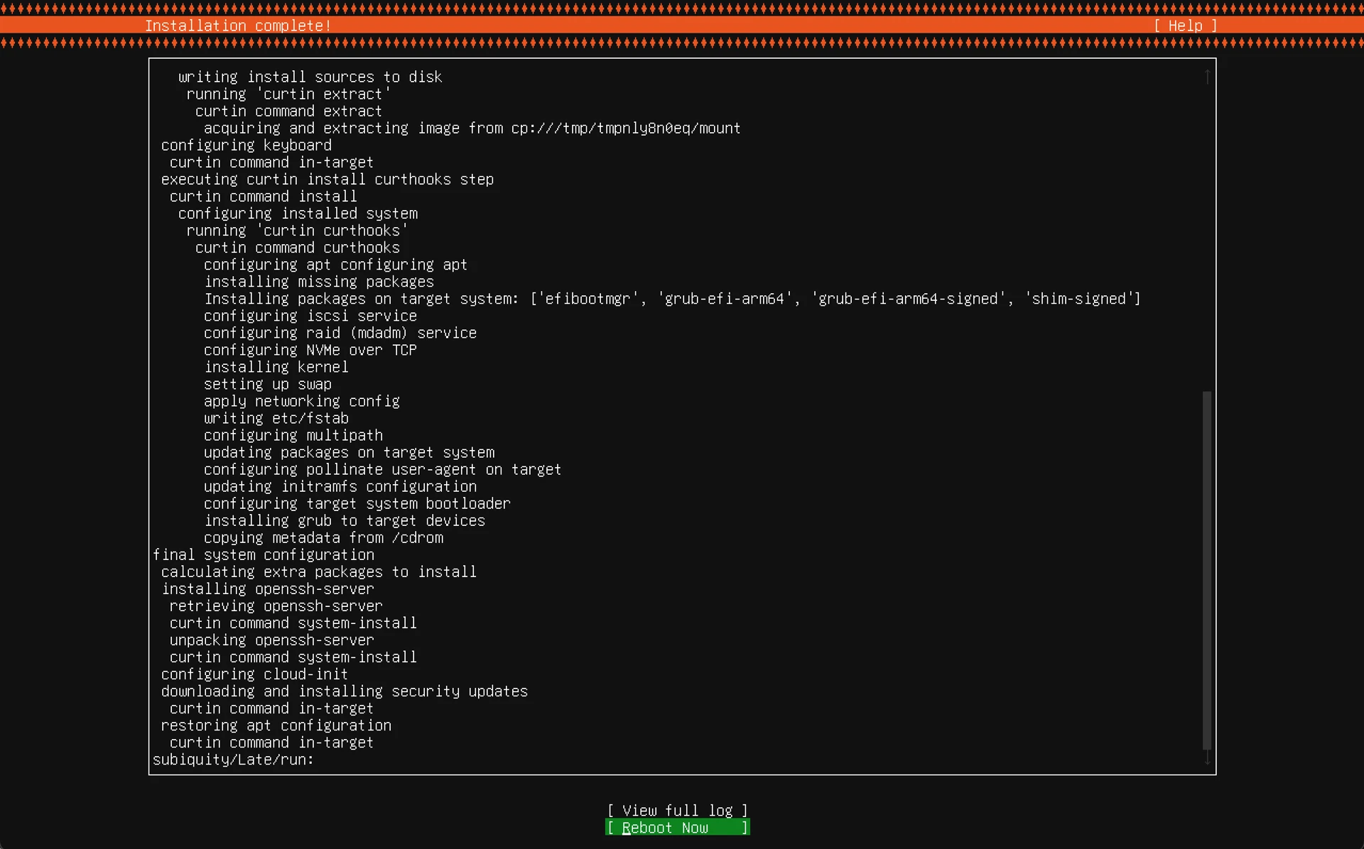 Installation complete! > Reboot Now