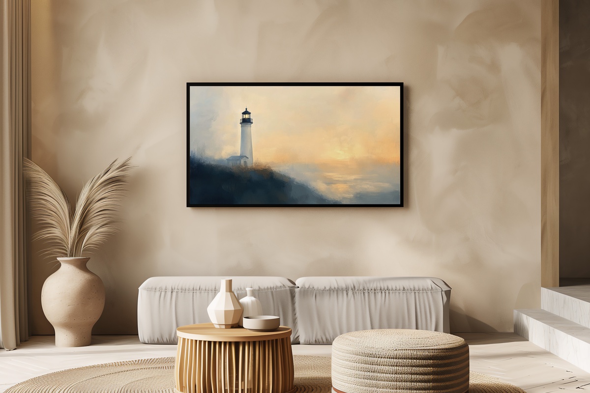 Lighthouse Dawn's Soft Embrace Summer Frame TV Art — impressionist lighthouse at sunrise