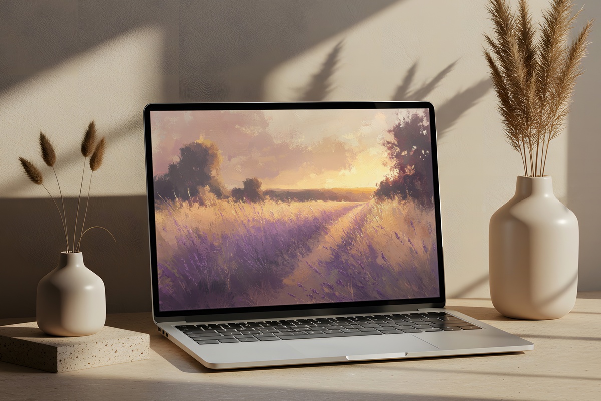 Golden Hour Lavender Bliss landscape desktop wallpaper with lavender fields in late afternoon light