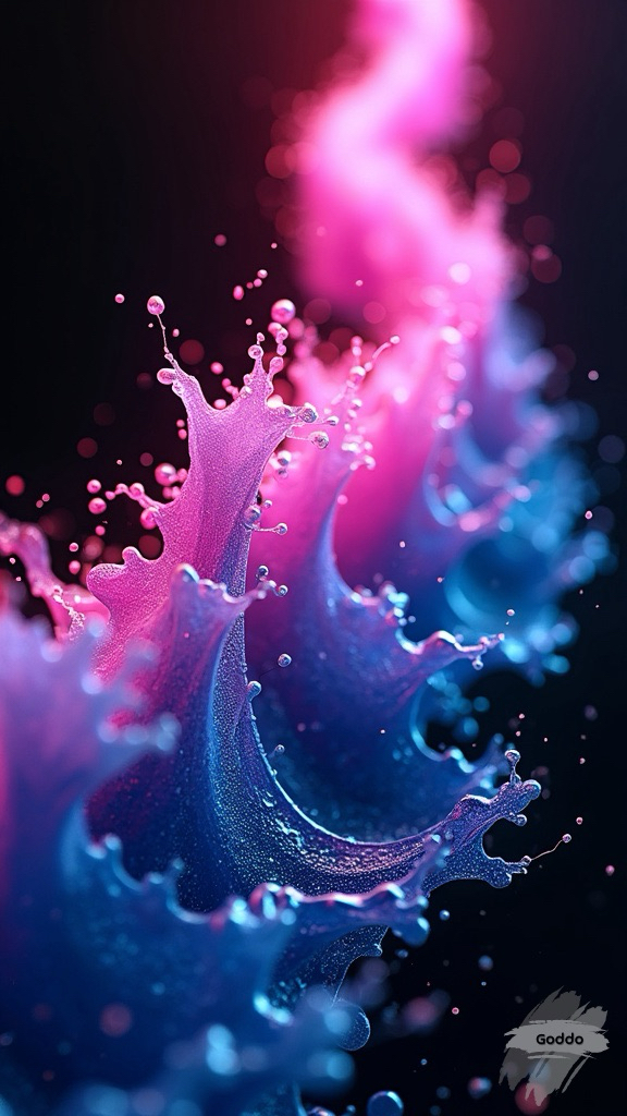 surreal 3d pink and blue gradient abstract light streak, waves, long exposure, chrome, foam, ink, fantastical elements, textured forms, rule of thirds, black background, isolated, high resolution