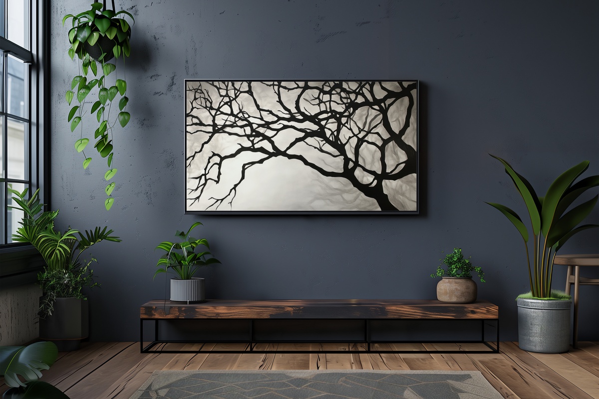 Silhouette of Branches Play Black and White Frame TV Art