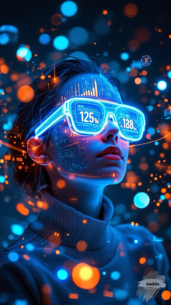 Giant, holographic smartwatches and glasses orbiting around people, displaying bright, animated stats and transforming wearers into glowing digital avatars