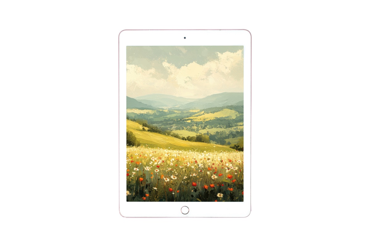 Hillside Wildflower Dance landscape tablet wallpaper in warm meadow green, soft coral, and butter yellow