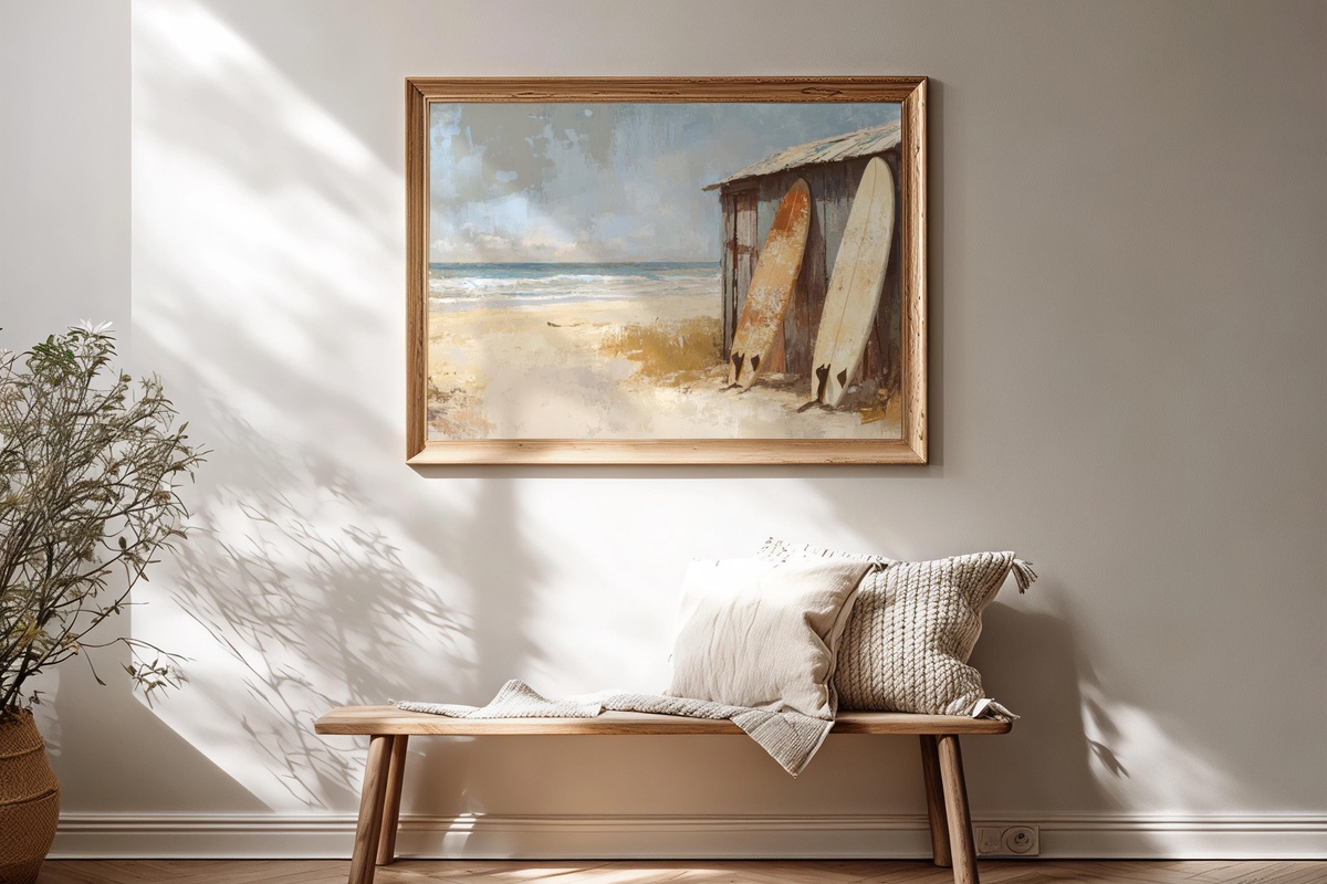 Surf Hut Harmony coastal printable wall art in warm vertical format with beach hut and surfboards