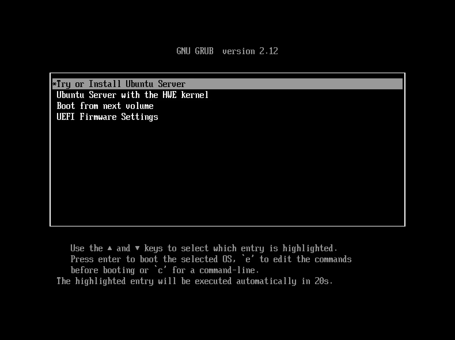 GNU GRUB version 2.12 > Try or Install Ubuntu Server