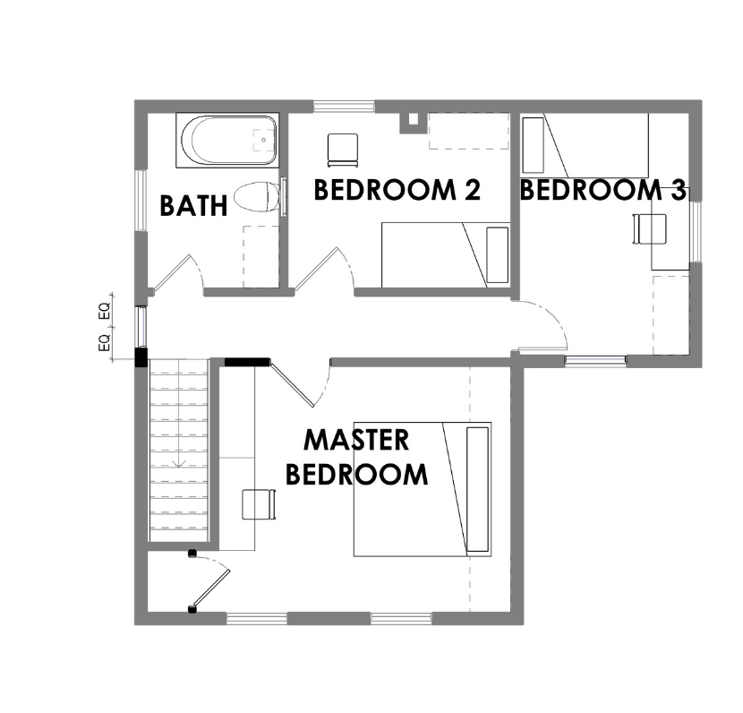 Furnished upper-floor plan with three bedrooms and a shared bath