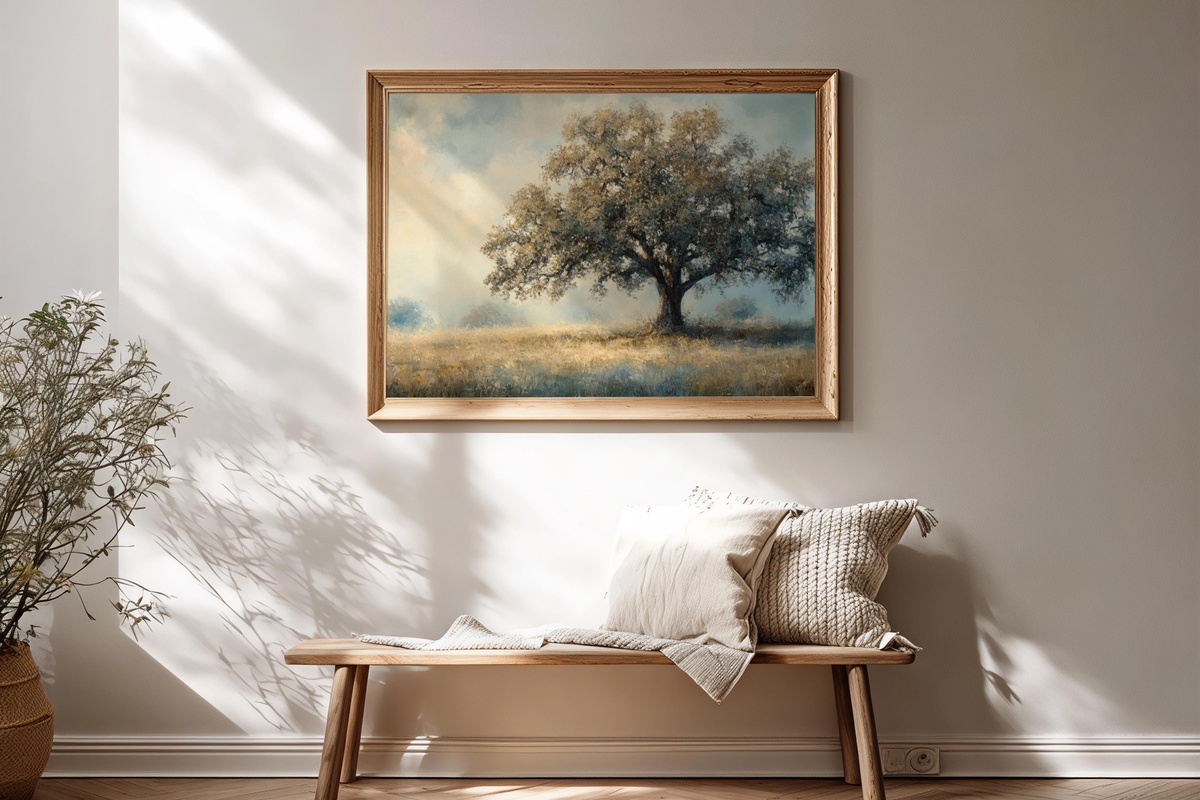 Eternal Embrace Oak Majesty Vintage Printable Wall Art — ancient oak in tranquil elegance