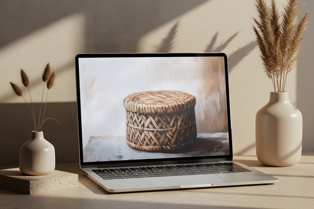Artisanal Woven Whimsy boho desktop wallpaper featuring handmade woven stool