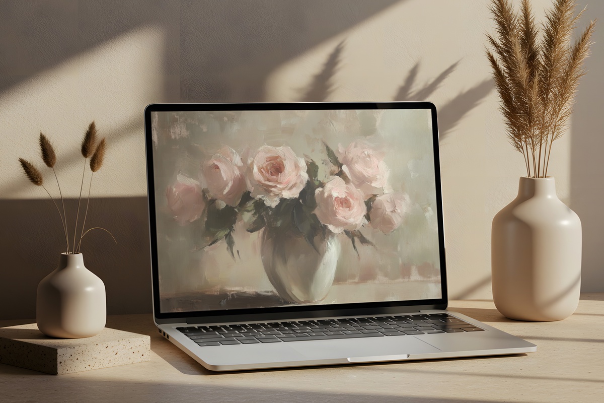 Vased Blush Rose Elegance Floral Desktop Wallpaper
