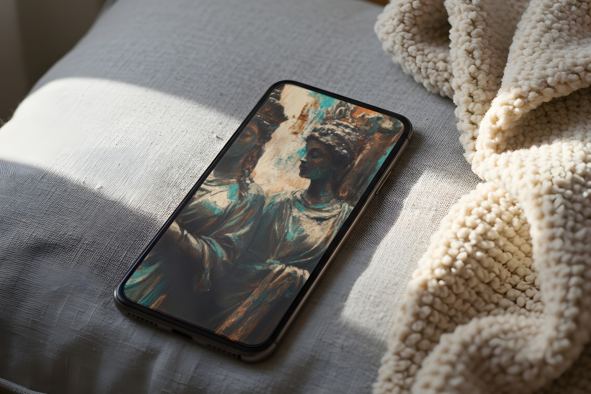 Bronze Bohemian Elegance boho iPhone wallpaper with soft ochre and turquoise tones