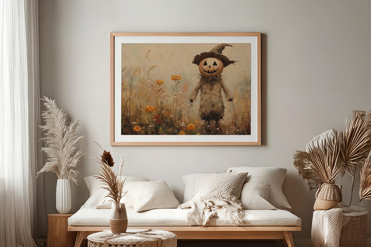 Scarecrow Amid Wildflower Whimsy Halloween Printable Wall Art — pumpkin scarecrow print