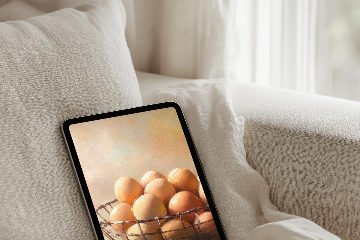 Rustic Fresh Eggs Delight Farmhouse iPad Wallpaper featuring earth tones