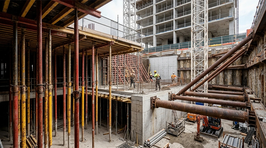 Shoring system supporting a concrete slab with steel props and horizontal beams at a UAE construction site.