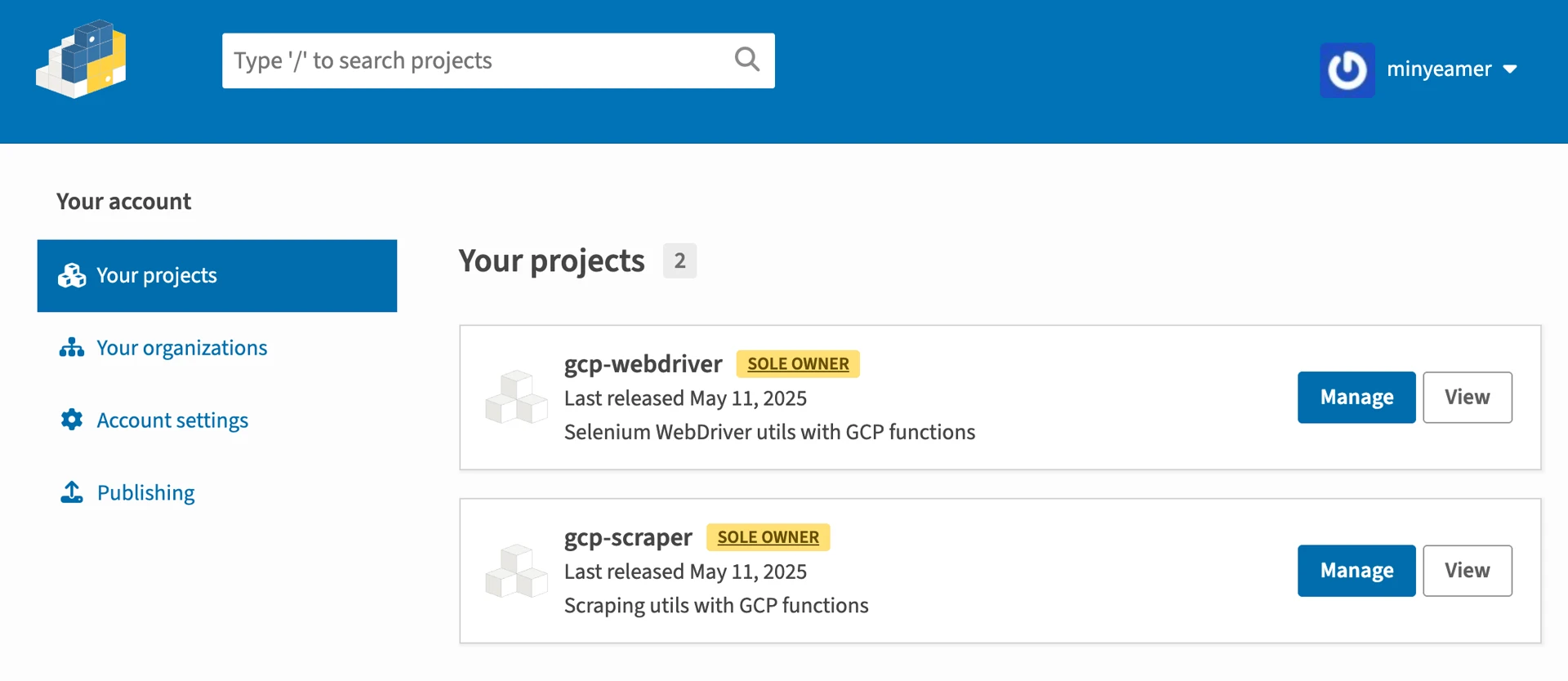 PyPI > Your projects (2)