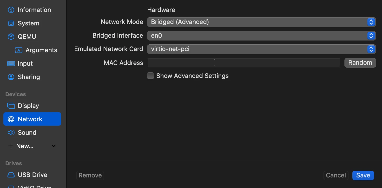Settings > Devices > Network > Network Mode: Bridged (Advanced)