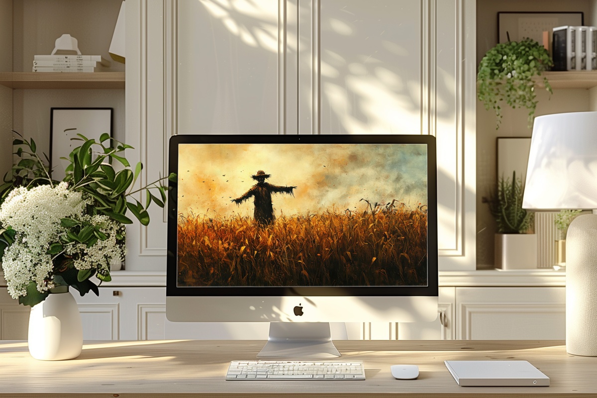 Eerie Scarecrow in Golden Field Desktop Wallpaper