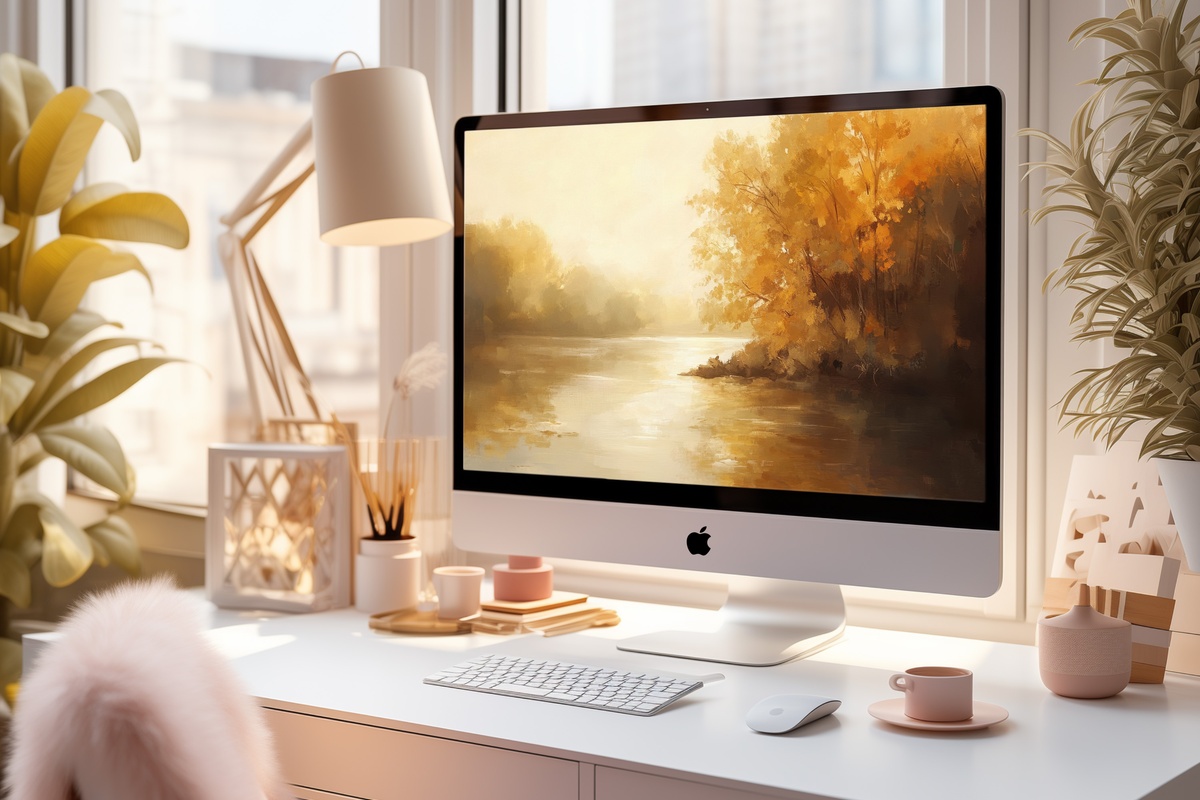 Tranquil Autumn River Flow landscape desktop wallpaper with painterly autumn tones
