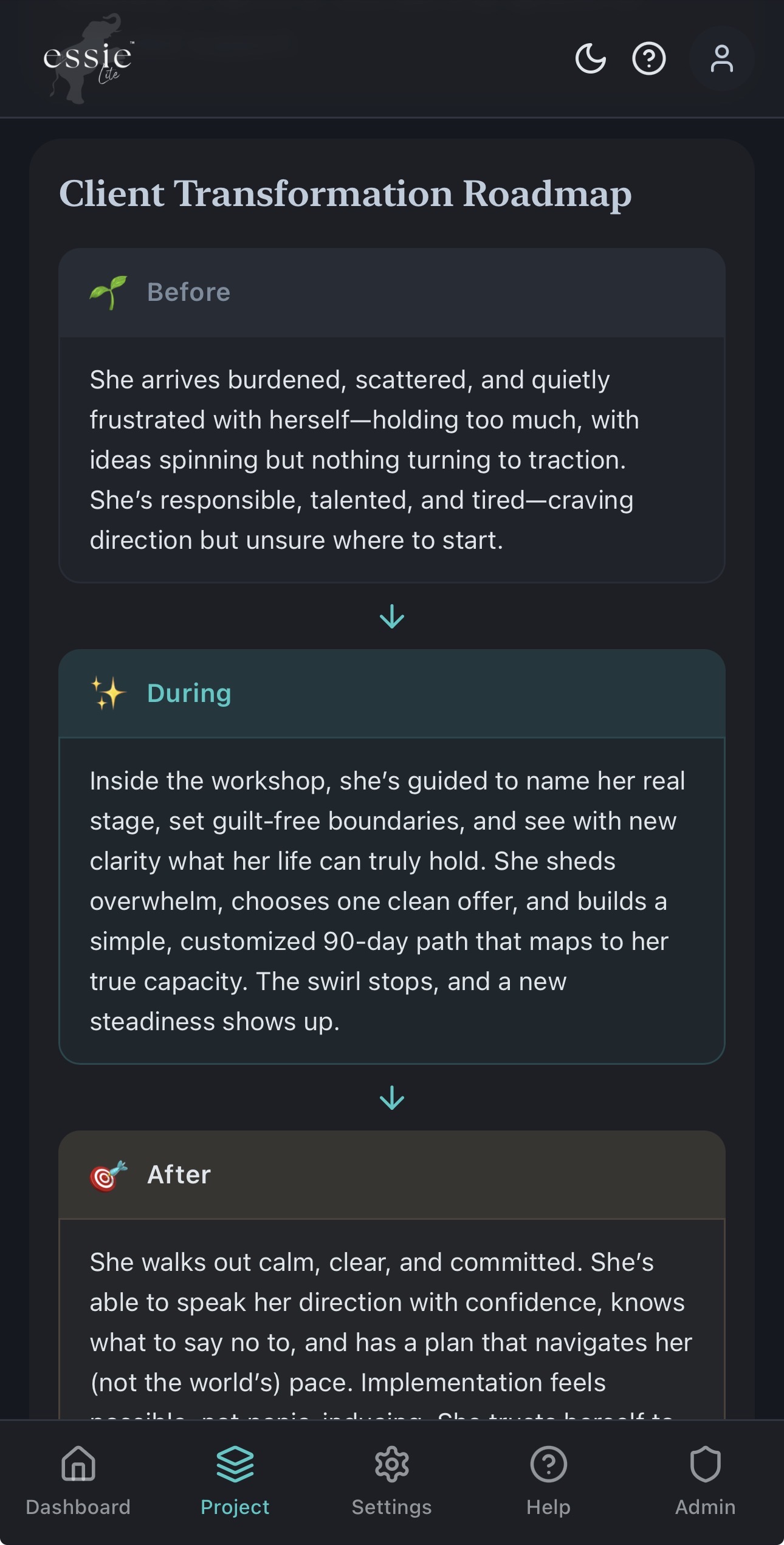 EssieLite Client Transformation Roadmap — Before, During, and After journey map