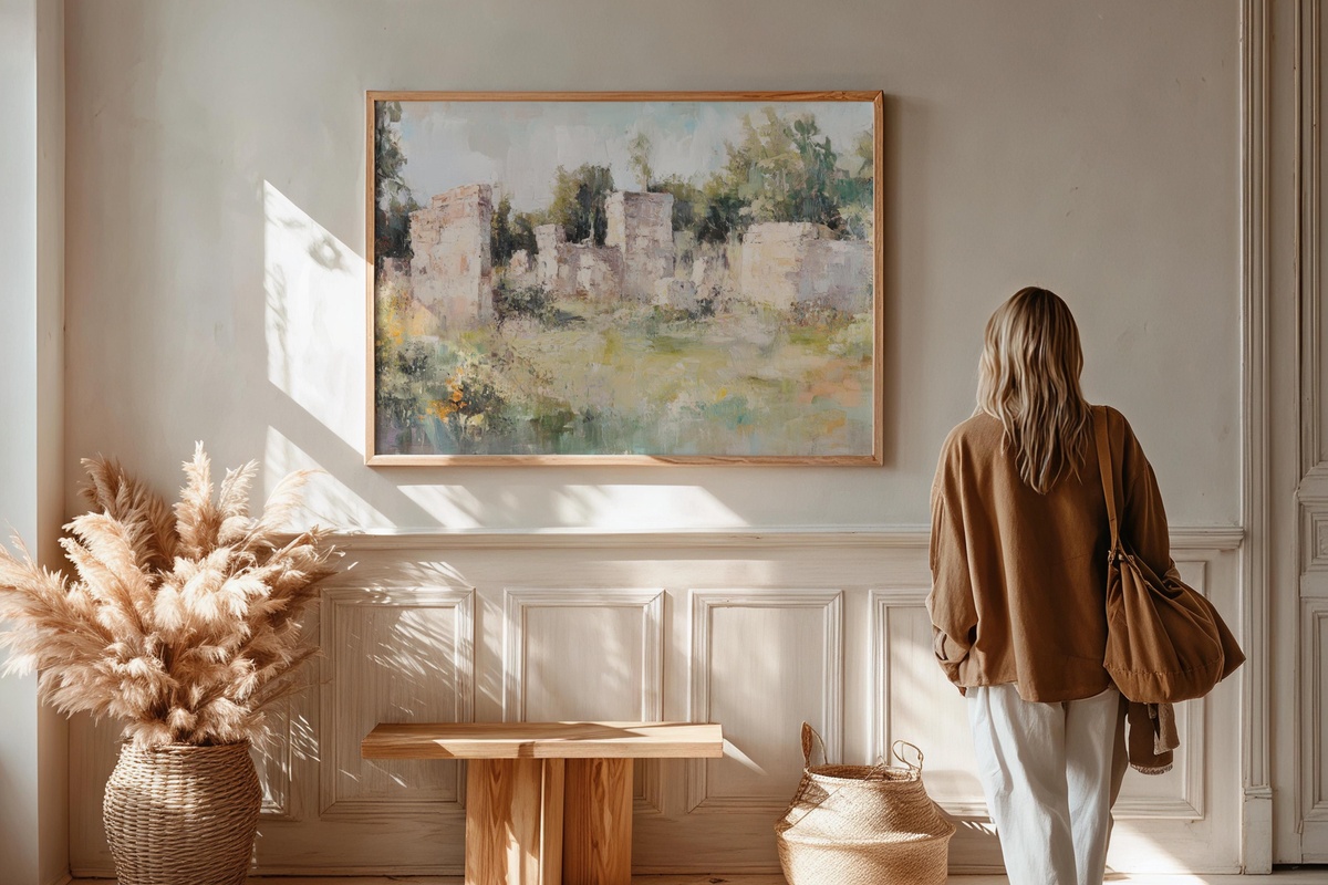 Timeless Echoes Among Ruins Vintage Printable Wall Art — ancient ruins in a lush impressionist field