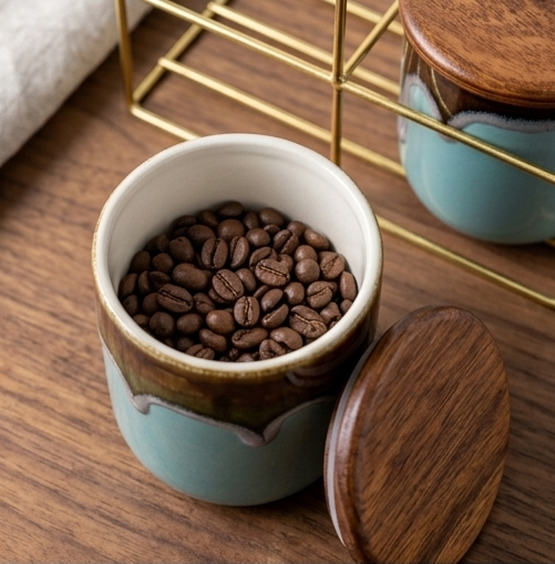Dual Ceramic Storage Jar Set with Wooden Lids & Gold Metal Stand