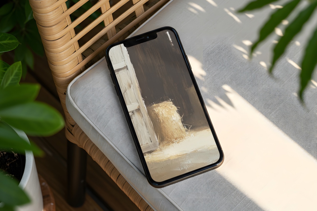 Hay-Lined Barn Door Charm Farmhouse iPhone Wallpaper in warm rustic tones