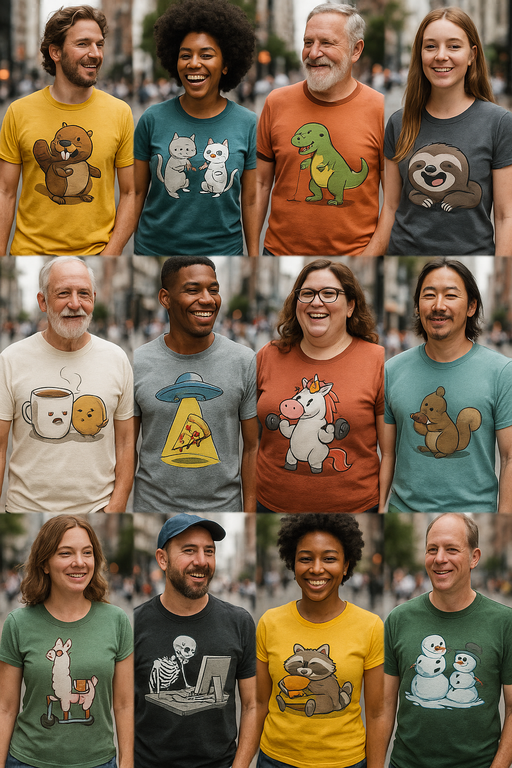 Diverse group wearing stylish funny graphic T-shirts in urban setting