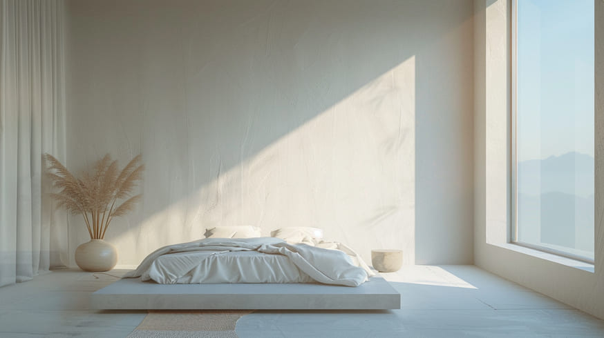 Chambre minimaliste sans appareils électroniques avec un matelas connecté à la terre, créant un environnement favorable pour retrouver le sommeil naturellement.