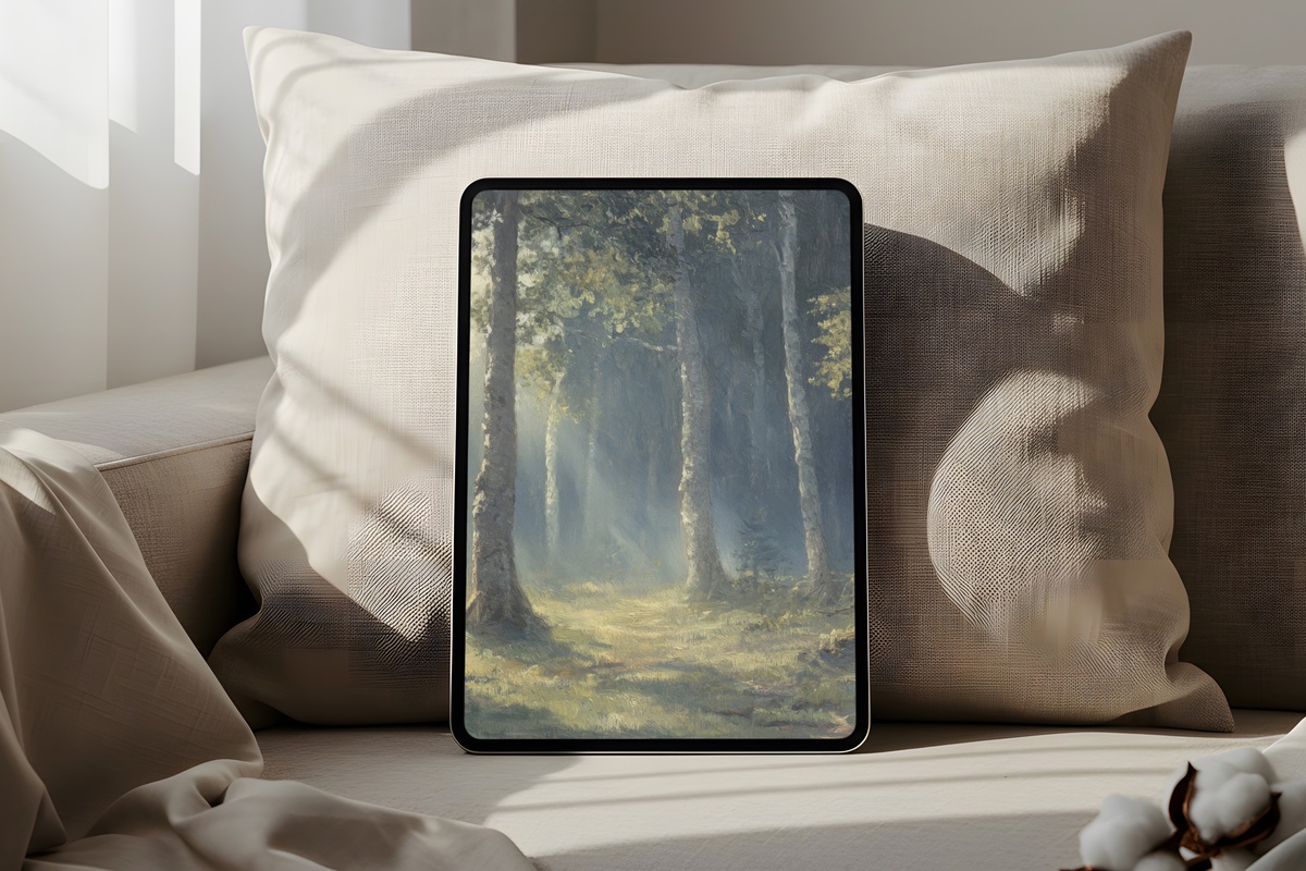 Misty Woodland Dawn vintage iPad wallpaper with soft hazy morning tones