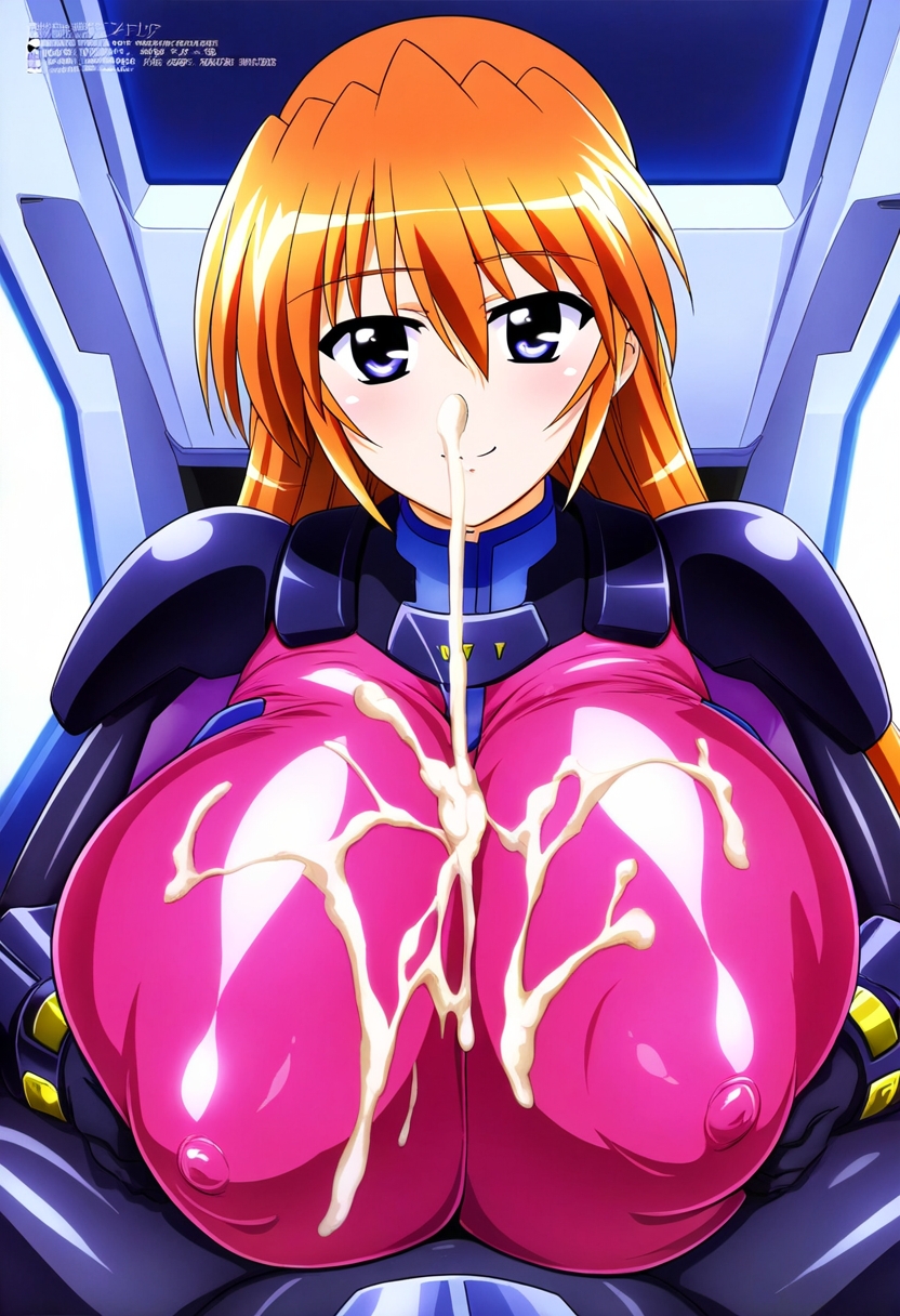 ティアナズリ by ななな with ai art, Mahou Shoujo Lyrical Nanoha StrikerS, Teana Lanster, huge breasts, tight bodysuit, paizuri, clothed paizuri