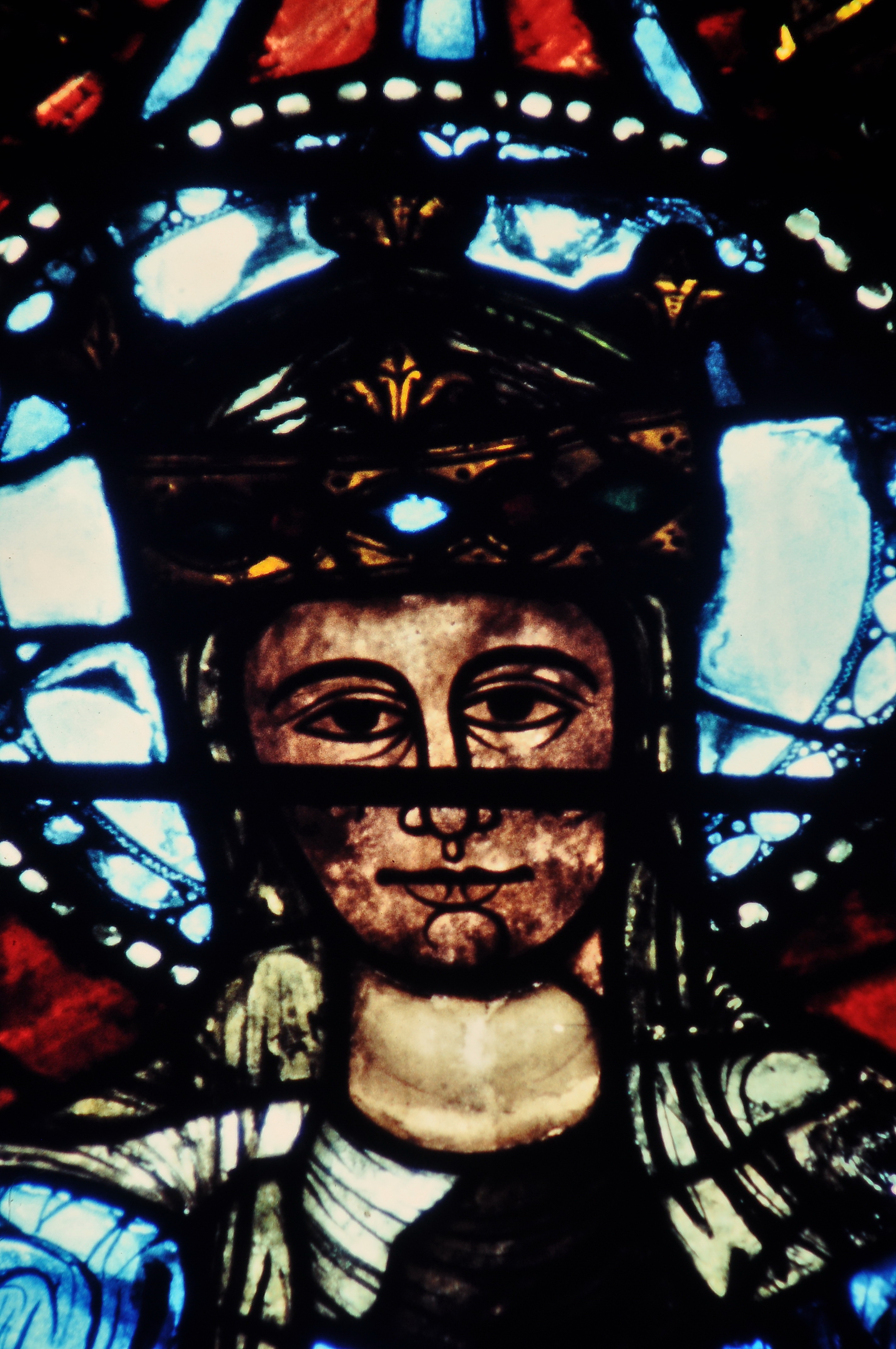 The Blue Virgin window, Chartres Cathedral, c. 1150. One of the oldest surviving stained glass panels in France.