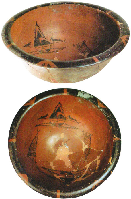 Pottery Basin Painted with Mask and Fish Motifs. Banpo phase, Yangshao Culture. National Museum of China, Beijing.