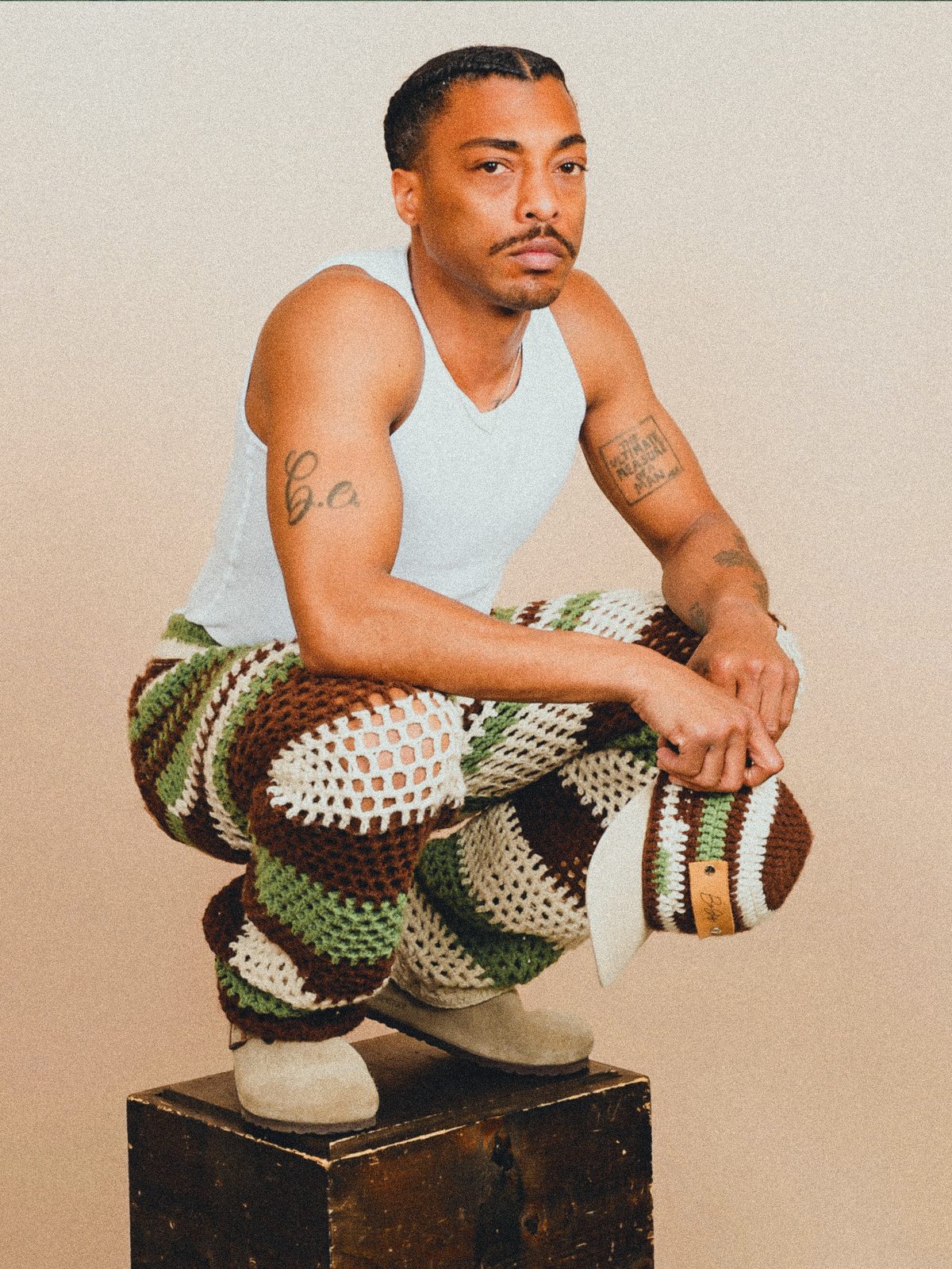 Byron in crocheted pants