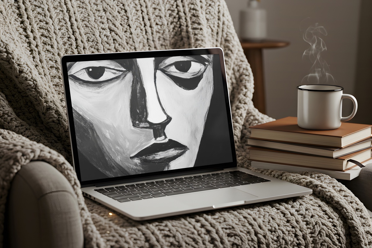 Black and White Face in Bold Lines Desktop Wallpaper