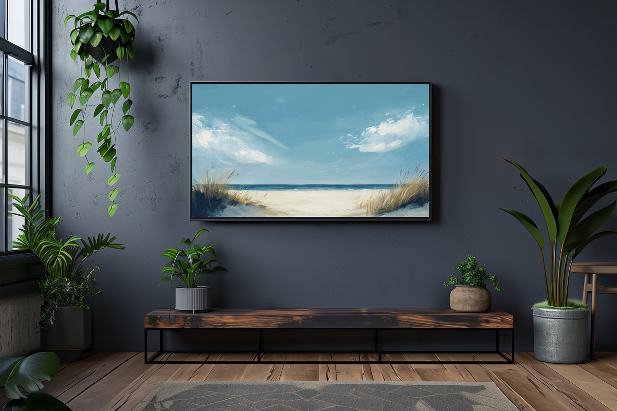 Azure Tranquility by the Shore Frame TV Art — impressionistic blue sky over a sandy summer beach