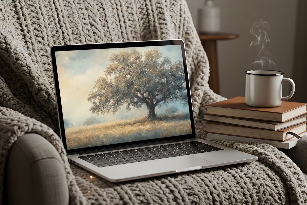 Eternal Embrace Oak Majesty Vintage Desktop Wallpaper — ancient oak serenity for Mac and PC