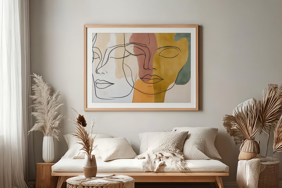 Curved Face Minimalism Printable Wall Art — continuous line face drawing printed on warm white paper