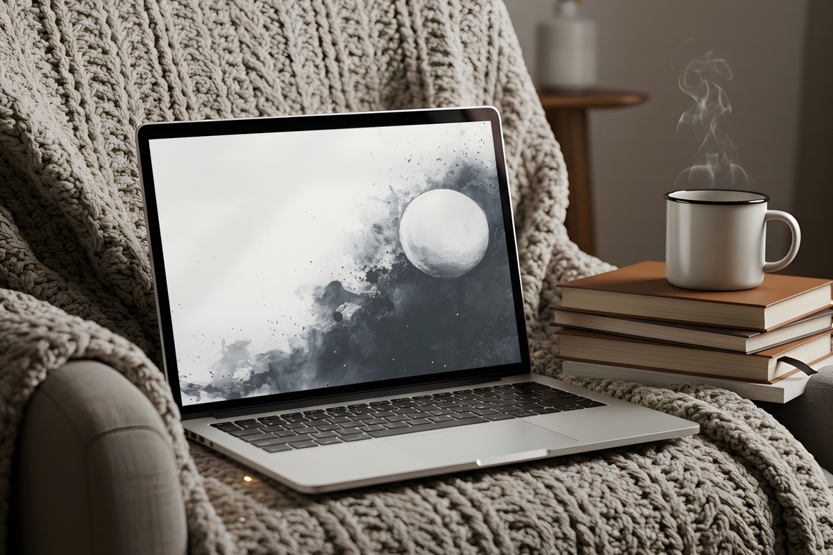 Lunar Elegance on White Black and White Desktop Wallpaper