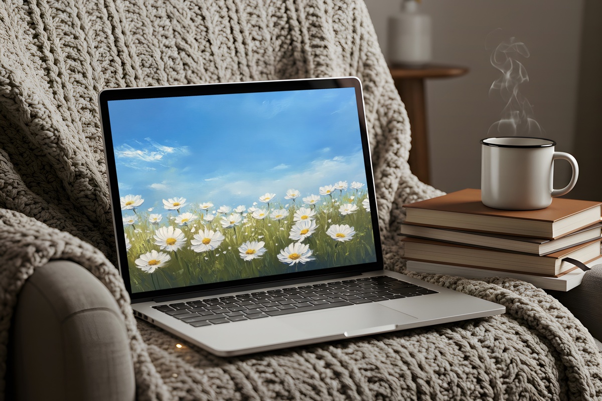 Blue Sky Daisies in Motion Desktop Wallpaper