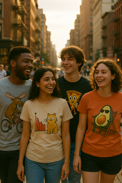 Diverse group wearing stylish funny graphic T-shirts in urban setting