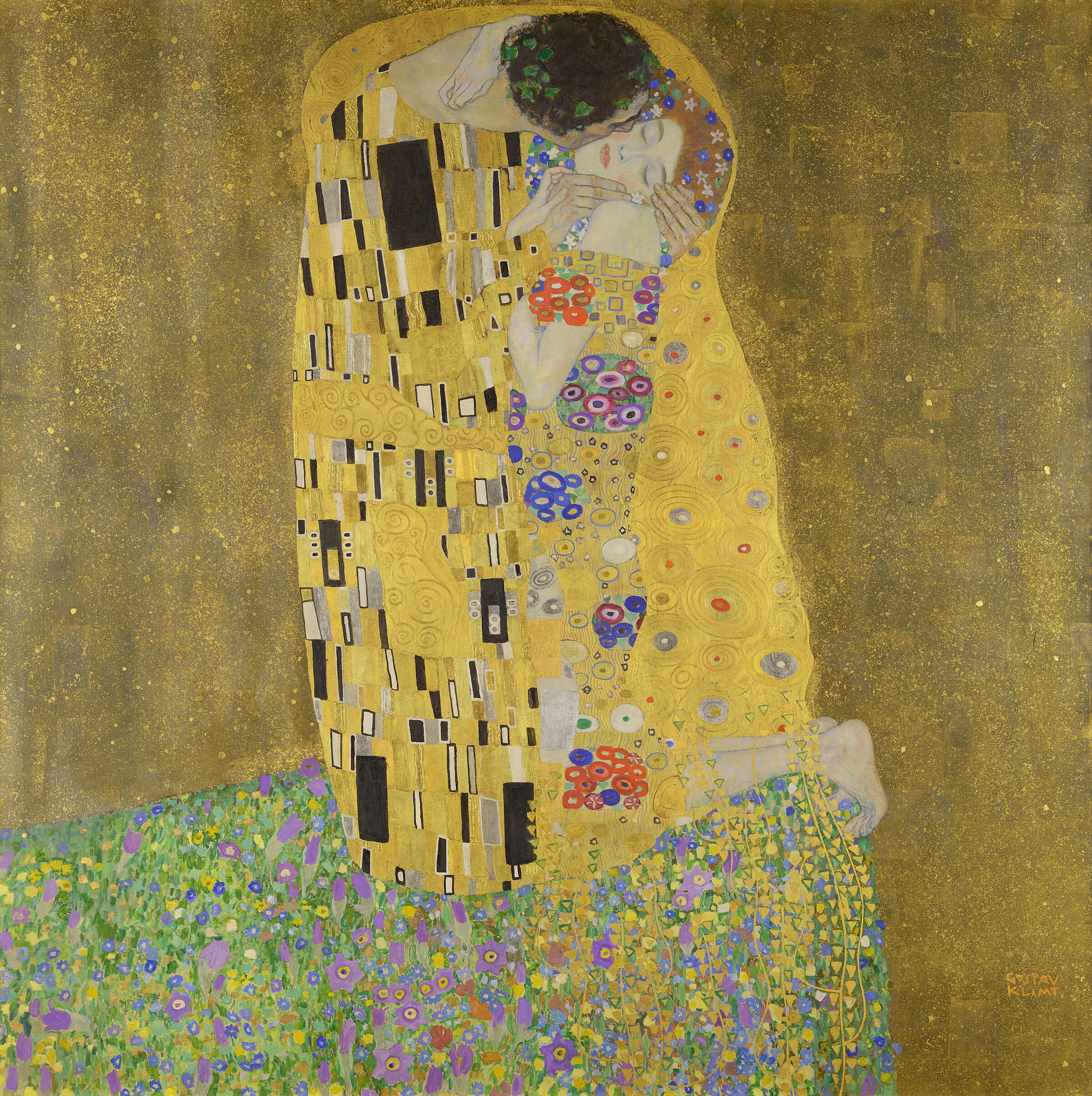Gustav Klimt, The Kiss, 1907-08. Oil and gold leaf on canvas. Österreichische Galerie Belvedere, Vienna.